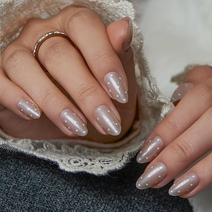 CurvLife Pearl Shimmer Almond Press On Nails Short for Women, Nude Champagne Soft Gel Fake Nails with White Dot Design, Bridal Wedding Glue On Nails Kit with Nail Glue & Tools, Salon Quality
