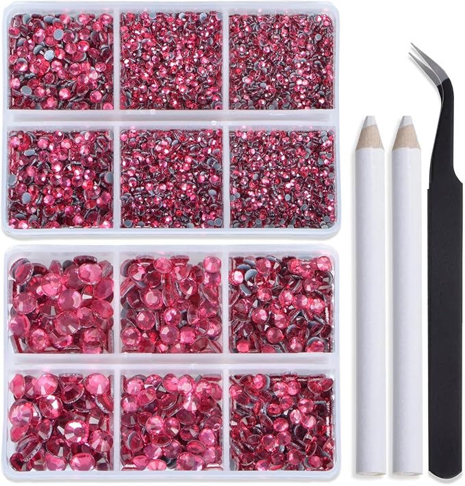 Bymitel Hotfix Crystal Rhinestones Round Gems for Crafts,Mixed 6 Sizes with Wax Pencil Kit, Rose 1.6-6.3mm SS4-SS30/8000pcs