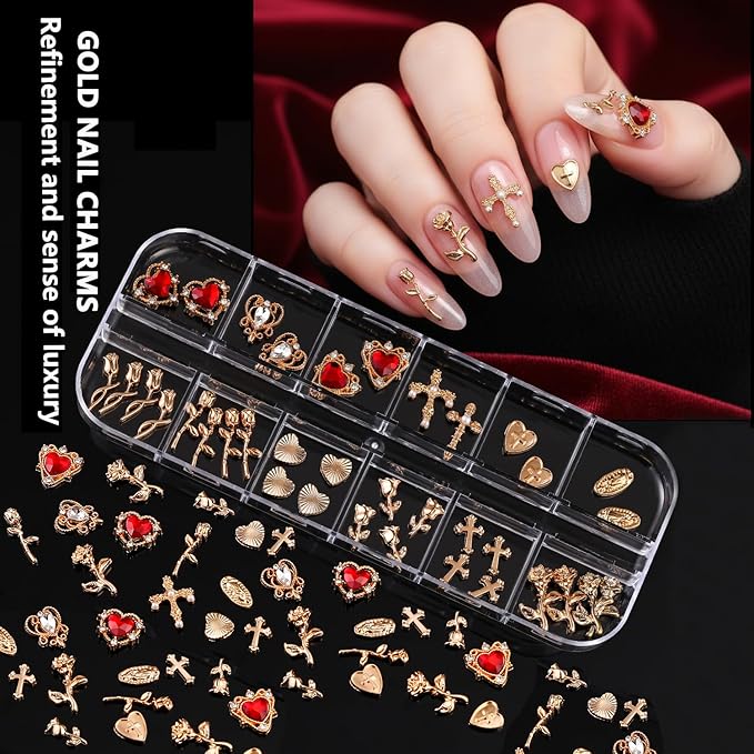 8 Boxes Nail Charms Set, with Gold Nail Charms and Gold Nail Gems, Nail Pearls Resin Rhinestones for Bedazzling &Nail Art Tools, 3D Cross Nail Charms Heart Gold Charms for Nails Art Supplies Kit