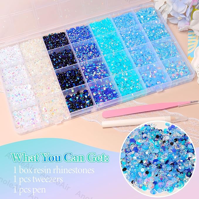 22000Pcs Blue Rhinestones for Bedazzling, Jelly Bedazzling Resin Gems 3-5mm, Blue White Gems Bedazzling Kit for Crafting, Flatback Color Light Blue AB Gems for Nails Face Makeup Tumblers