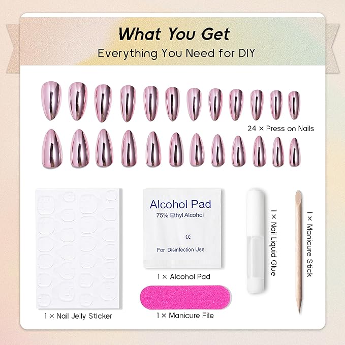Chrome Press On Nails Almond, Metallic Baby Pink Mirrored Glue on Nails Medium Press Ons, Acrylic Natural Fit Stick on Nails in 12 Sizes - 24Pcs Fake Nail Kit for Women Daily & Party Wear