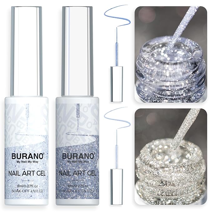 BURANO Holographic Gel Nail Polish Liner Nail Art Polish, Silver Gold Reflective Glitter Painted Gel Nail Design Polish 2 Bottle 8ml, Build in Thin Nail Brush Curing Required LX13 LX27