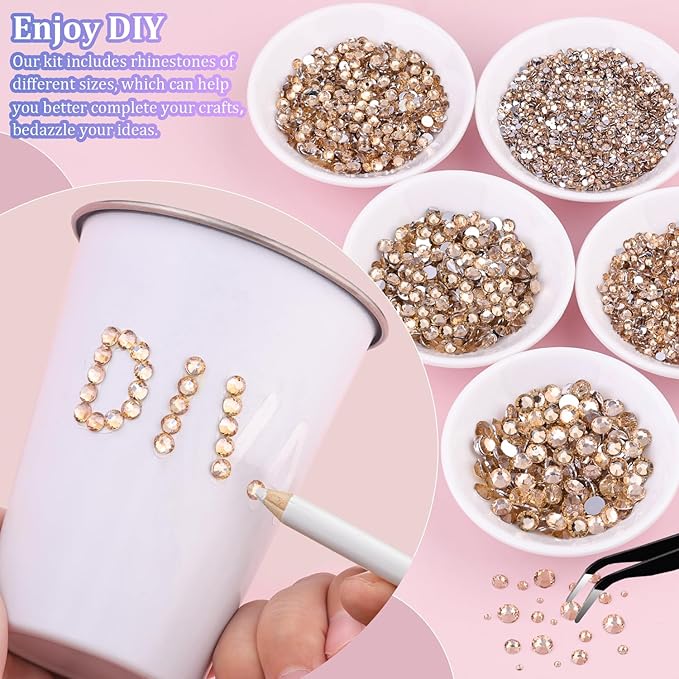 16000Pcs Resin Rhinestones with Tweezers for Crafting, Champagne 2-6mm Mixed Sizes Non Hotfix Flatback Gems, Bedazzling Crystal for DIY Crafts Clothing Tumblers Mugs Shoes Fabric Decor Nail Art