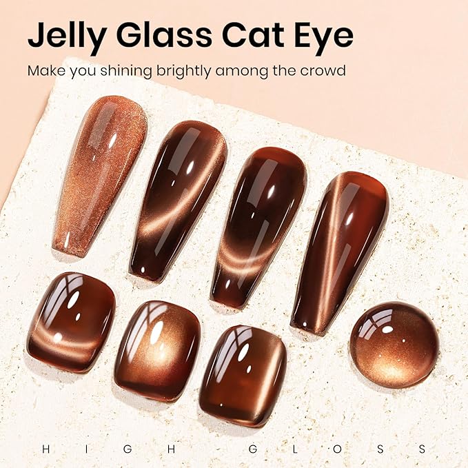 MIZHSE Brown Jelly Glass Cat Eye Gel Nail Polish, 12mL Holographic Glitter Cateye Gel Polish U V LED Sheer Color Magnetic Gels Nail Polish for Nail Salon Home DIY