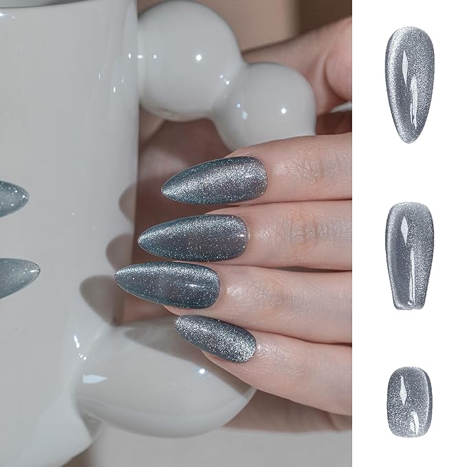 Sun&Beam Nails Handmade Press-on Medium Long Coffin Ballerina Grey Magnet Solid Color Minimalist Design Fashion False Nail Tips 10 Pcs Set (#248 S)