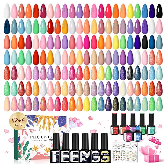 phoenixy 50 Pcs Gel Nail Polish Set, 42 Colors Gel Nail Kit with Base & 4 Effects Top Coat All Seasons Nail Polish Set Christmas Gifts for Women Girls