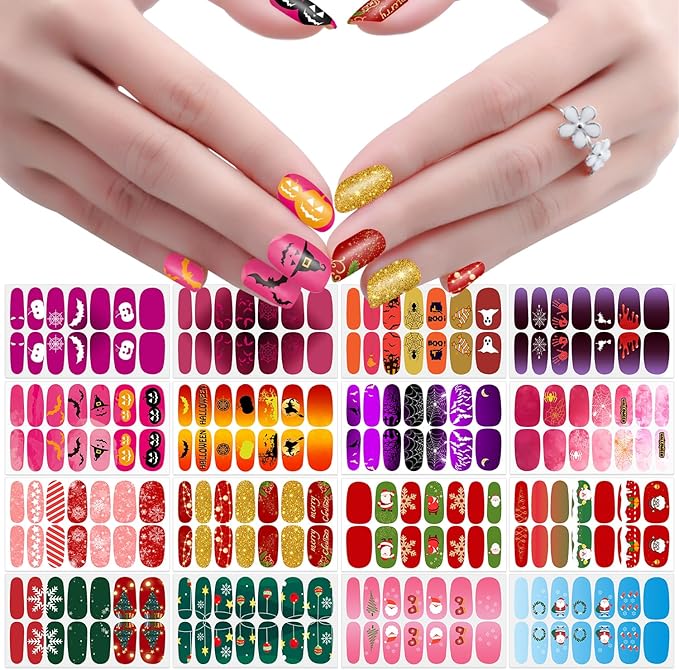 JERCLITY 16 Sheets Halloween Christmas Nail Polish Strips Nail Wraps Bat Spider Jack-o'-Lantern Snowflake Santa Claus Christmas Tree Nail Stickers for Women Holiday Manicure