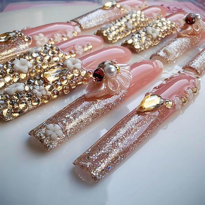 Xxl Press on Nails Extra Long Square Handmade Press-on Nails with Design Luxury Press Ons 10pcs M Size Pattern 1109