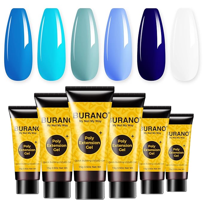 BURANO Poly Extension Gel Nail Kit, 6 Colors Nail Poly Nails Builder Gel Set for Beginner & Professional Using, DIY Starter Kit Nail Art Gift (blue)