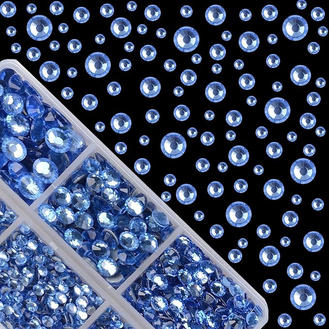 4000Pcs Mixed Size Hot Fix Round Crystals Gems Glass Stones Hotfix Flat Back Rhinestones (Light Blue)