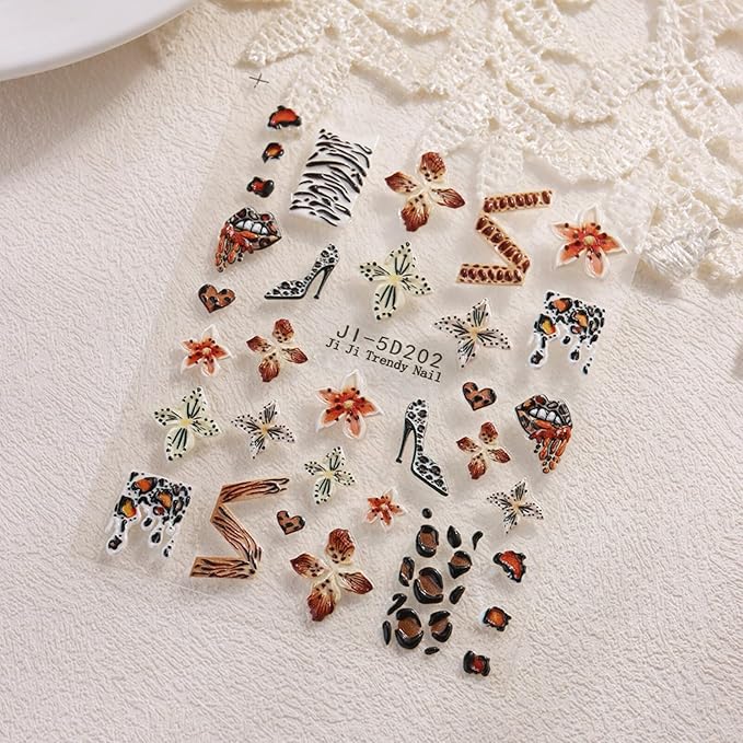 Fall Stickers para Uñas Nail Stickers Self-Adhesive Sticker para Uñas Leopard Print 3D Flower Floral Nail Stickers Art Design Accessories Hight Quality 2 Sheets