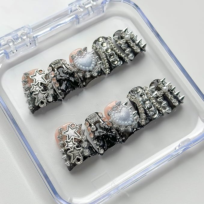 Luxury Press on Nails Short Duck Handmade 3D Unique Reusable ABS Material Fake Nails Black French Tip False Nails with Designs Stars Rhinestones Heart Glossy Glue on Nail Thick Acrylic Nail(M)