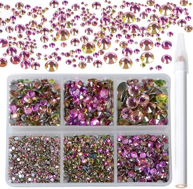 5000Pcs Art Nail Rhinestones Non Hotfix Non-Magnetic Glue Fix Round Crystals Glass Flatback for DIY Jewelry Making with one Picking Pen (6-Sizes 5000PCS, Golden Rose)