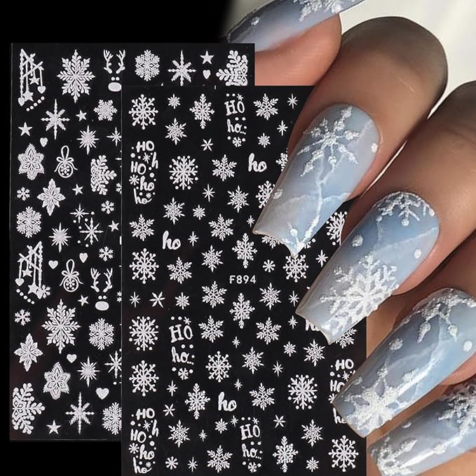 White Snowflake Nail Art Stickers 12PCS Christmas Winter Glitter Snowflakes Nail Decals with Tweezers 3D Charms Snow Flakes Stars Antlers Design Self-Adhesive Holiday Decoration Supplies for Women