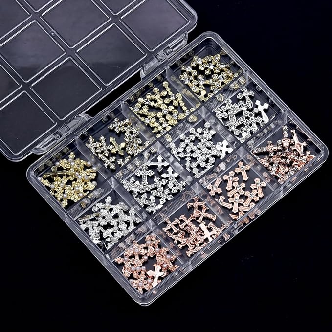 120pcs Cross Nail Art Charms Kit - Gold/Silver/Rose Gold Rhinestones for Press on Nails, Metal Alloy Nail Studs Nail Cross Charms DIY Jewelry, Gothic Nails Design,Acrylic Nails Accessories Supplies