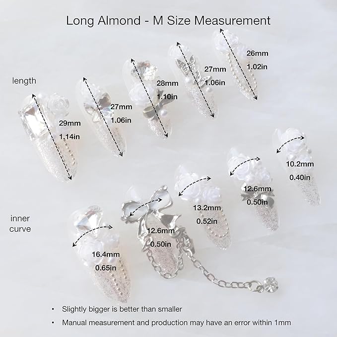 Luxury Long Almond Press-On Nails, 3D White Roses with Silver Glitter, Pearl and Rhinestone Decorations, Handmade False Nail 10 Pieces (Medium, LS)