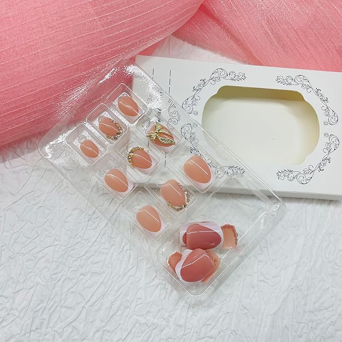 Square Press on Nails Short Fake Nails with Designs Bow Stick on Nail White French Rhinestone Acrylic False Nail Glossy Artificial Nail Full Cover Glue on Nails for Women 24Pcs