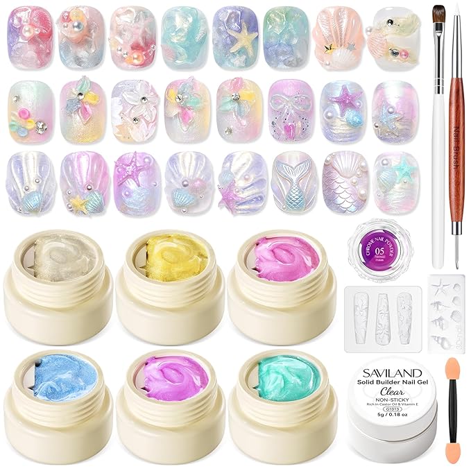 SAVILAND 3D Gel Nail Art Set: 6 Colors Dreamy Aurora 3D Nail Gels No Wipe Sculpting Gel for Nail Art with Clear Solid Builder Gels Chrome Powder Silicone Mold for Nails Design Home Salon Manicure DIY