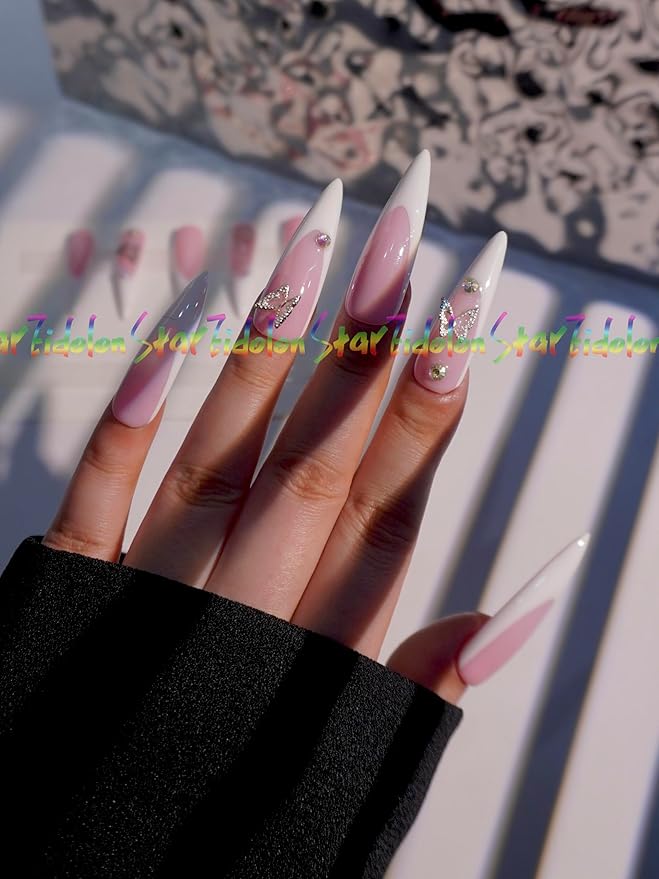 HAND-PAINTED White Press Ons Neon Small Press on Nails Long French Press on Nails Coffin Medium Short Nail art Fake Nail Art Kit with 7g Glue on Nails Handmade Almond Square Nails (Medium, T14)
