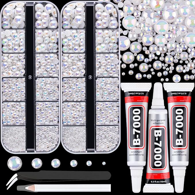 Flatback Pearls for Crafting with 3Pcs 10ml B7000 Jewelry Glue, 2 Boxes of Half Round White AB Pearls, Bedazzling Beads for DIY Crafts Clothing Tumblers Shoes Embellishment Nail Art