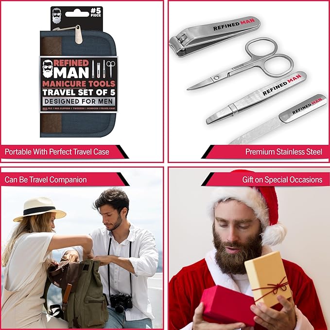 BLKSMITH Refined Man Manicure and Pedicure Kit Set of 5 - Manicure Kit for Men - Nail Clipper Kit with Nail File, Clippers, Scissors, Tweezer & Travel Case - Designed for Men (Brown/Navy)