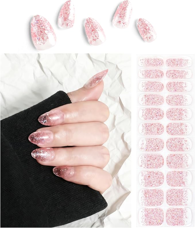 Semi Cured Gel Nail Strips Pink Glitter Nail Strips with UV/LED Required Long Lasting Gel Nail Stickers Includes 22 Strips 2 Prep Pads, Nail File & Wooden Stick