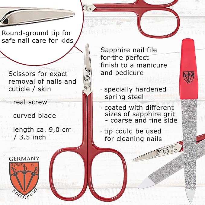 3 Swords Germany - Brand Quality 5 Piece Manicure Pedicure kit Set for Kids - Children - Toddlers with Special Scissors (Round tip) Fashion Leather case in Gift Box, Made by 3 Swords (03751)