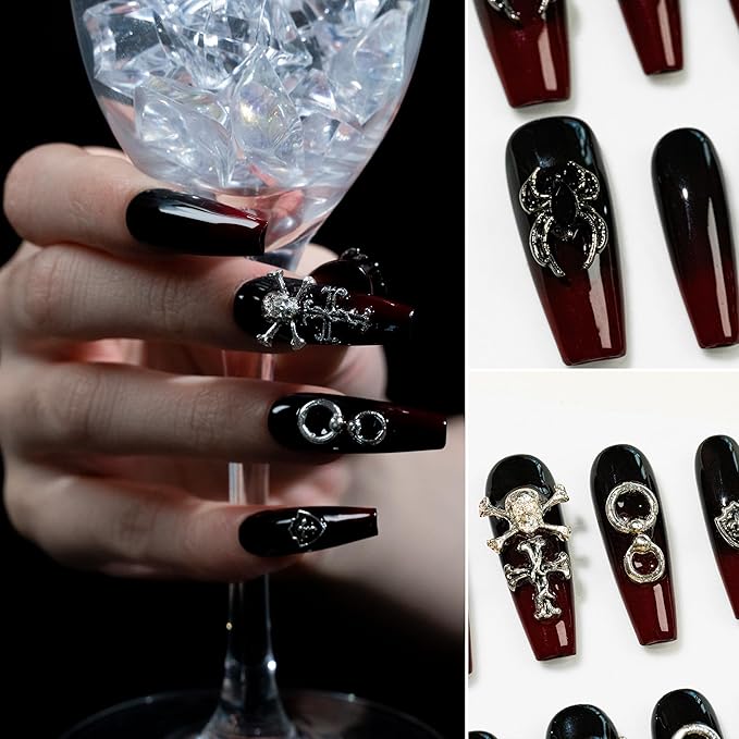 Sun&Beam Nails Handmade Press-on Long Coffin Ballerina Black Grey Ombre Halloween Design Fashion False Nail Tips 10 Pcs Set (#275 S)