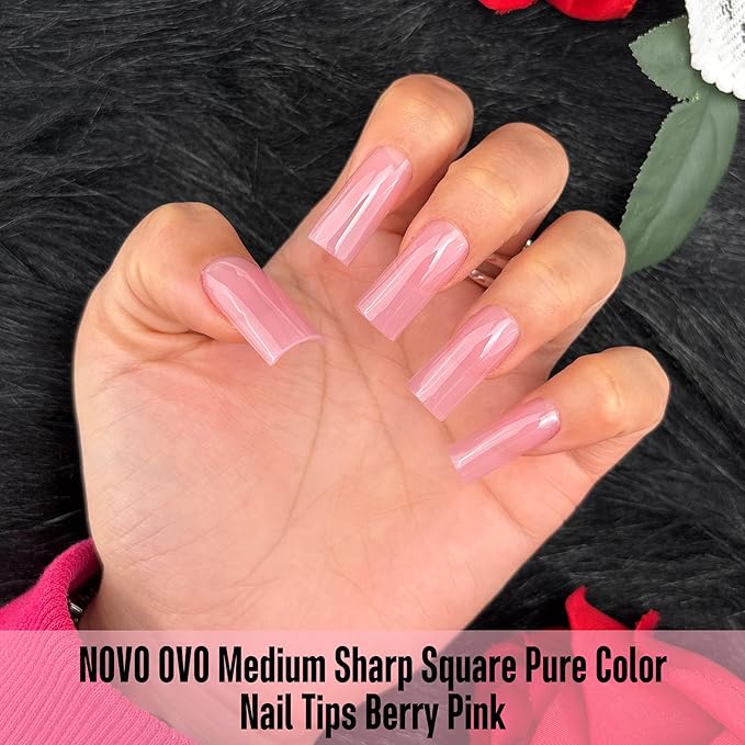 NOVO OVO Meidum Sharp Square Nail Tips Press on Pure Color BERRY PINK, Extra Thick NEED Builder Gel Top Coat Glue Soft Gel Matte Fake Nail Extension,Full Cover False Nails for Salon DIY 15 Sizes 180pc