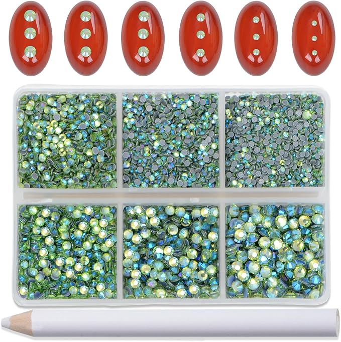 Bymitel Hotfix Crystal Rhinestones Round Gems for Crafts,Mixed 6 Sizes with Wax Pencil Kit, Peridot AB 1.3-3.2mm(SS3-SS12/8000pcs)