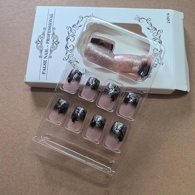 Halloween Press on Nails Medium Square French Tip Fake Nails Black Glitter Gradient Acrylic Nails with Spider Design Glossy Full Cover Glue on Nails Reusable Stick on Nails for Women 24 Pcs