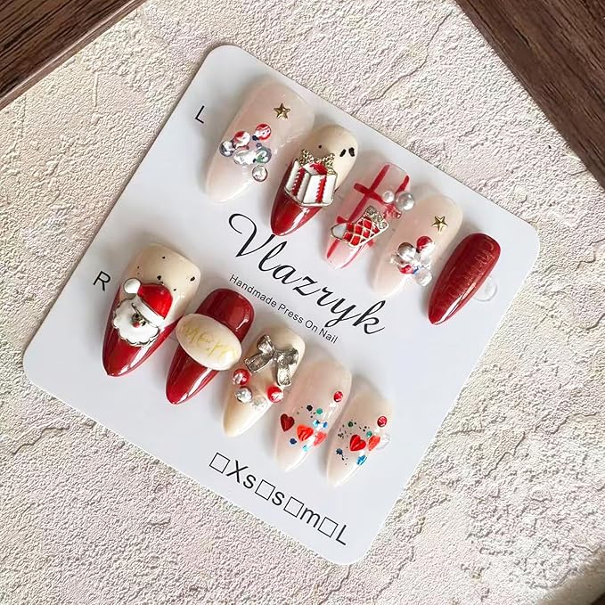 Christmas Handmade Press On Nails – 10pcs Medium Almond Fake Nails, 100% Handmade 3D Santa Claus Designs, Thick Gel Acrylic Full Cover False Nails for Women