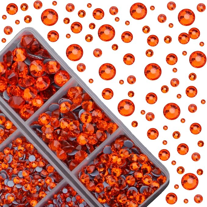 4000pcs Mixed Size Hot Fix Round Crystals Gems Glass Stones Hotfix Flat Back Rhinestones (Orange)