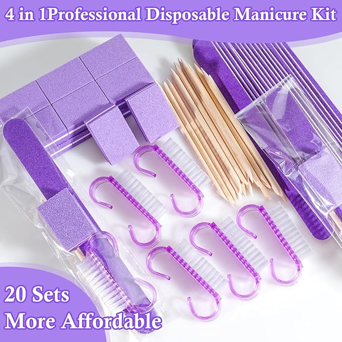 20 Sets Disposable Manicure Kit Basics 4 Piece Nail Kit for Travel,Handle Grip Brush,Mini Nail Buffer Nail File and Wood Stick for Gifts Salon Home Professional(20 Set -Purple)