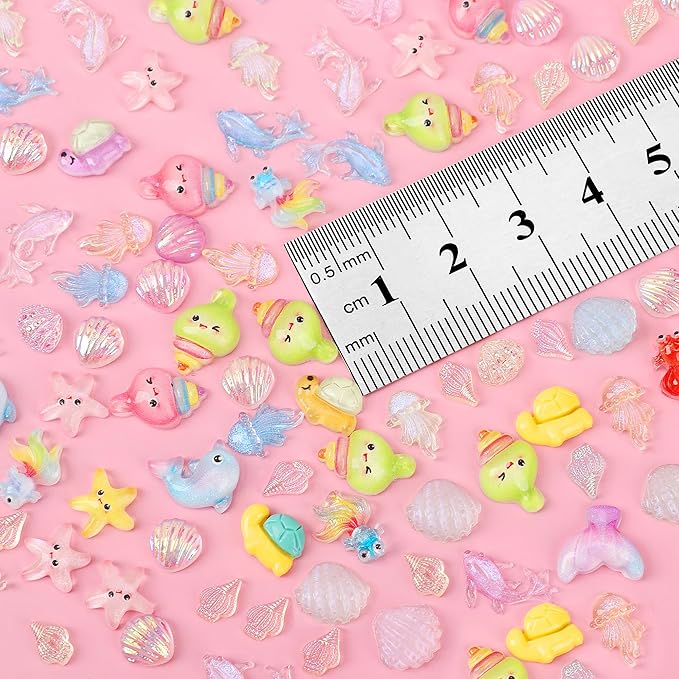 120PCS Summer Beach Nail Art Resin Accessories, Ocean Theme Shell Starfish Goldfish Nail Studs Sea Series Whelk Nail Charms Supplies for Nail Art Designs DIY Manicure Decoration 2