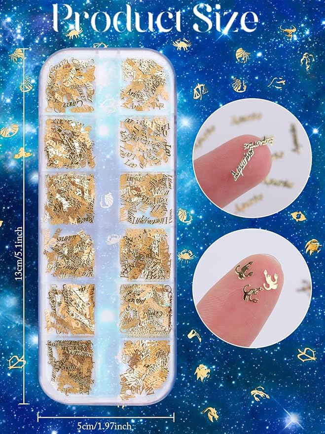 EBANKU 2 Boxes Zodiac Nail Charm, 3D Gold Twelve Constellation Charms for Nail Art, Alloy Nail Sequins Aquarius Nail Charms for Nail Art Decoration
