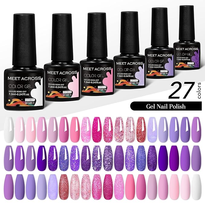 MEET ACROSS 30pcs Gel Nail Polish Set,Soak Off UV LED Lamp Gel Nail Polish Kit,Fashion Shimmer Nail Art Design Gifts for Women Manicure Salon (Pink Purple)