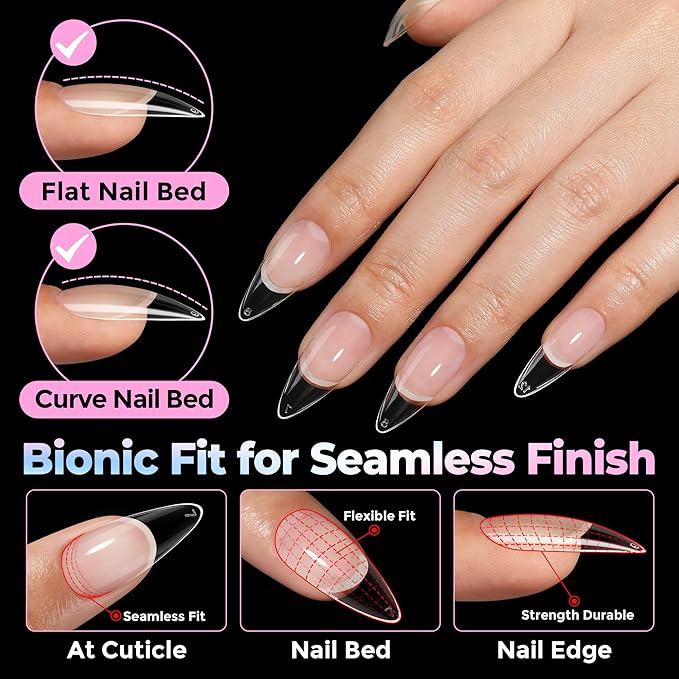 UNA GELLA Stiletto Gel Nail Tips Medium 15 Sizes 300PCS Pre-Etched Clear Acrylic Nail Tips Easy DIY Salon Stiletto Almond Press On Nails Snug Fit Full False Fake Tips Extensions Long-Lasting Hold