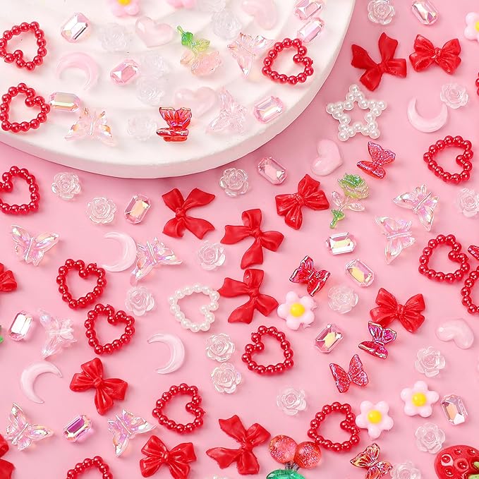 120 Pieces 3D Resin Strawberries, Butterfly Flower Nail Charms, Rose Flower Peach Bow Cherry Rhinestones, Heart Pearls for DIY Nail Art Decoration Making Craft (Red)