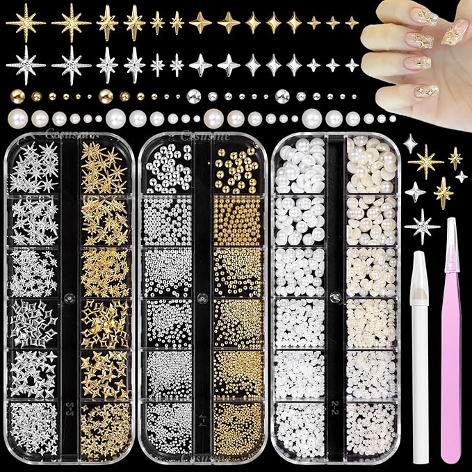 Silver Gold Nail Beads for Nail Art, Metal Caviar Nail Beads, Nail Pearls for Nail Art, Silver Gold Cross Star Nail Studs Rivet Charms for Nails Design DIY Craft Accessories