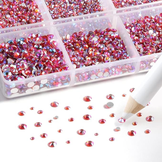 Beadsland 7200pcs Flatback Rhinestones,Orange AB Rhinestone Nail Gems Round Crystal Rhinestones for Crafts,Mixed 6 Sizes with Wax Pencil Kit, SS3-SS10,Hyacinth AB