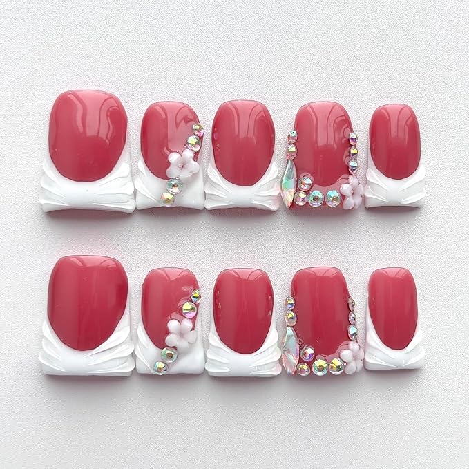 French Tip Press on Nails Handmade Short Duck 3D Flower Thick Acrylic Nails White False Nails with Floral Rhinestones Designs Elegant Glossy Fake Nail Sturdy Wedding Art Press on Nail 10Pcs(M)