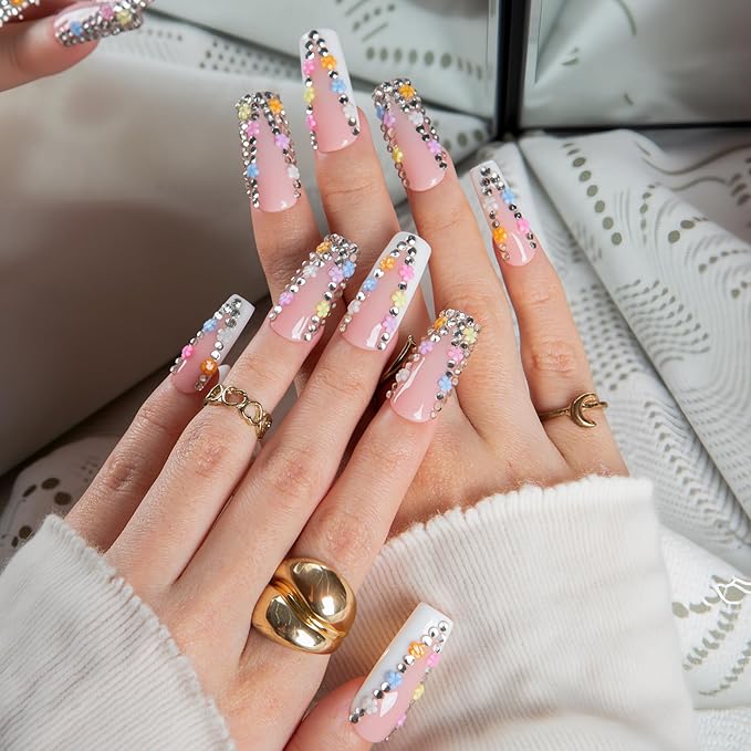 LOVFUL Short French Tip Press on Nails Floral Bloom | Handmade Acrylic Press ons| Reusable Fake False Nails | Square Classic Regular 1.3in | H705-L