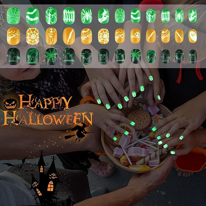JANYUN 96 Pcs Halloween Luminous Kids Fake Nails False Nails Full Cover Glowing Stick on Nails with Skull Bat Spider Pumpkin for Girls Nail Art Party Decoration