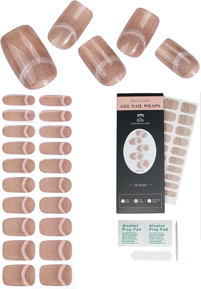 French-Inspired 20pcs Semi Cured Gel Nail Strips - Salon-Grade DIY Wraps with Glaze Texture, Easy Application, UV Light Required for Classic Nails