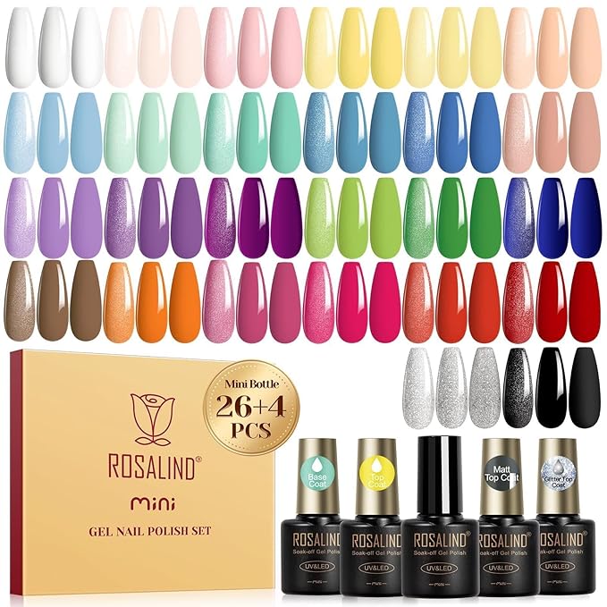 ROSALIND 30pcs Pastel Gel Nail Polish Set, 26 Colors Gel Polish with 3Pcs Glossy Matte Glitter Top Coat and Base Coat White Green Blue Purple Bright Nail Gel Polish Soak Off for Women