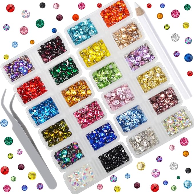 7000 Pieces Rhinestones 5 Sizes Round Crystal Glass Flat Back Rhinestones with 1Tweezers and 1Picking Pen for Nail Art Crafts Clothes Bags DIY (24 Colors Mixed 5 Sizes)
