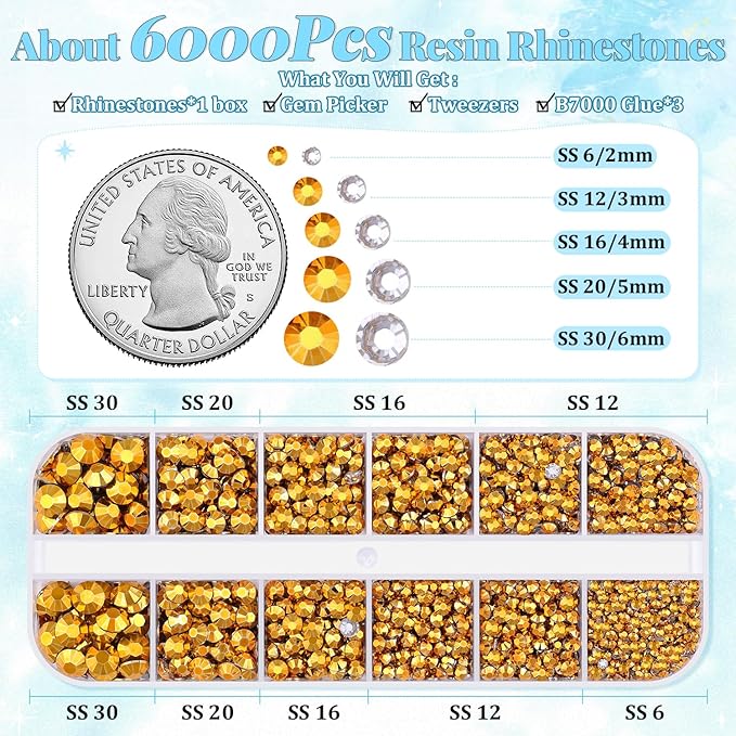 6000Pcs Resin Rhinestones for Bedazzling with 3Pcs B7000 Jewelry Glue, 1 Box Mine Gold Flatback Rhinestones for Crafting Crafts DIY, Crystals Gems for Clothing Shoes Tumblers Nail Art Makeup