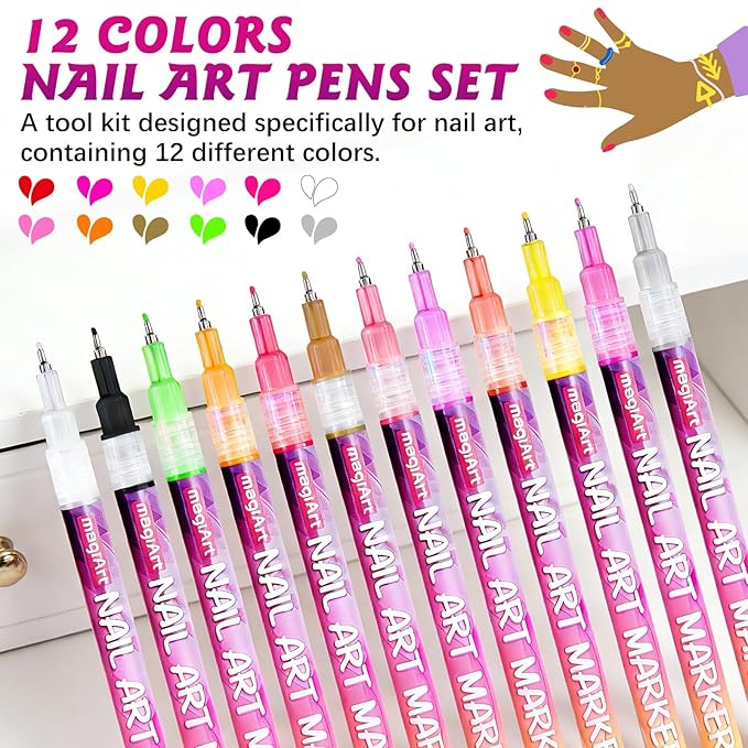 Fluorescent Nail Art Pens, 12 Color 0.5 MM Glow In The Dark Neon Nail Polish Pens Set Drawing Point Painting Liner Painted Pen Kit, Waterproof Nail for DIY Design Manicure Tools