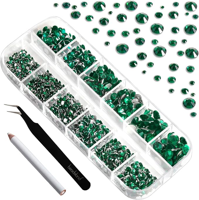 Beadsland Rhinestones for Makeup,8 Sizes 2500pcs Green Flatback Rhinestones Face Gems for Nails Crafts with Tweezers and Wax Pencil,Emerald,SS4-SS30